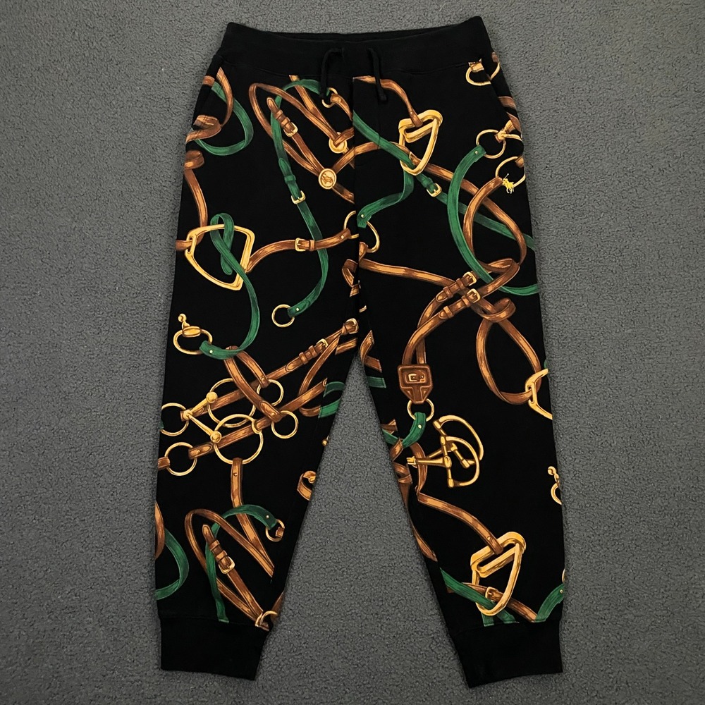 Polo Ralph Lauren Bridle Print Fleece Jogger Pant Mens Medium Black Pony Horse